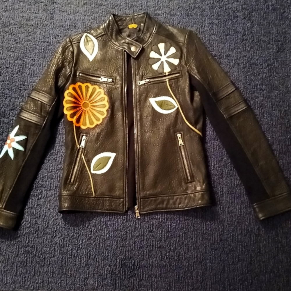 One girl who Leather Jacket /Sweater vintage black w/ flower appliqués Small